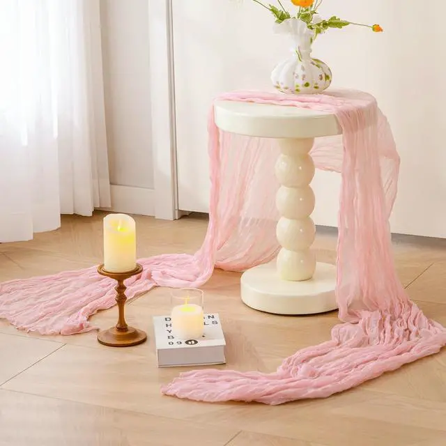 Alt view image 5 of 7 - Sioloc Light Pink Cheesecloth Table Runner 120 x 35, Soft Gauze Boho Wedding Valentines Table Decor for 10ft Table, Romantic Party, Baby Shower, Bridal Shower, Home & Event Decor