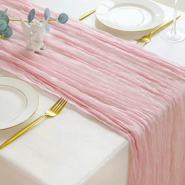 Alt view image 6 of 7 - Sioloc Light Pink Cheesecloth Table Runner 120 x 35, Soft Gauze Boho Wedding Valentines Table Decor for 10ft Table, Romantic Party, Baby Shower, Bridal Shower, Home & Event Decor