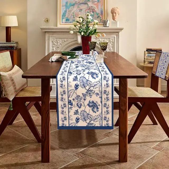 Alt view image 3 of 4 - WRAPAHOLIC Blue Floral Table Runner - 13 x 72 Inch - Seasonal Spring Summer Farmhouse Indoor Kitchen Anniversary Wedding Dining Table Decorations for Home Party
