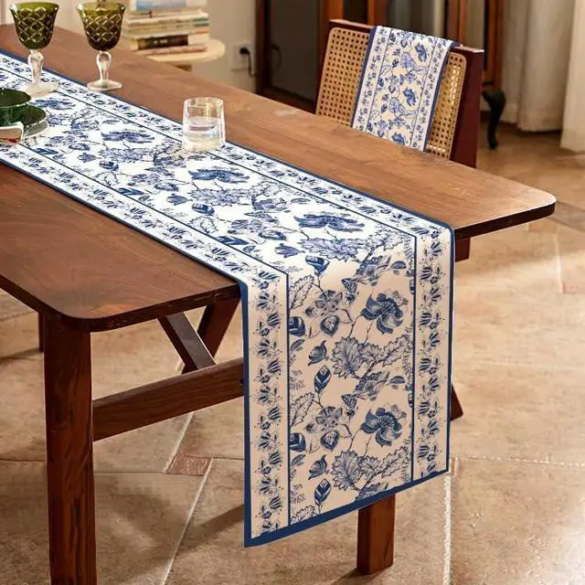 Alt view image 4 of 4 - WRAPAHOLIC Blue Floral Table Runner - 13 x 72 Inch - Seasonal Spring Summer Farmhouse Indoor Kitchen Anniversary Wedding Dining Table Decorations for Home Party