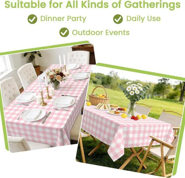 Alt view image 6 of 7 - Mulbozy 4 Pcs Pink Gingham Tablecloth 54 × 108 Inches Pink and White Checkered Table Cloth Disposable Plastic Waterproof Tablecover for Outdoor Picnic, Birthday Party, Holiday Dinner