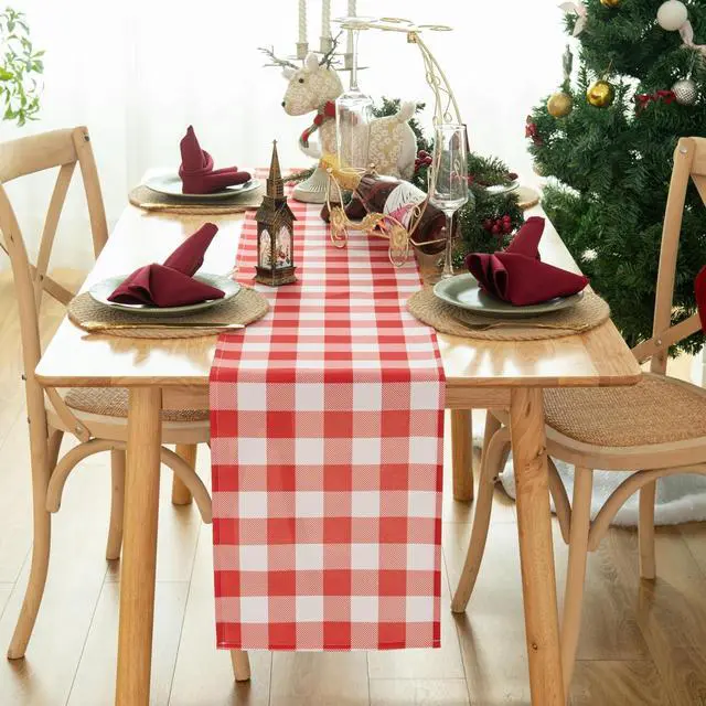 Alt view image 2 of 7 - Waterproof Checkered Tablecloth Runner Fabric - Rectangle 12x108 Inch Classic Gingham Buffalo Plaid Table Cloth for Indoor/Outdoor Use - Table Cover for Kitchen, BBQs, and Parties