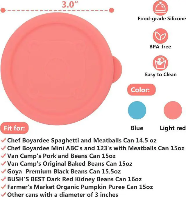 Alt view image 2 of 7 - 2PCs 3.0-inch Silicone Can Lids for Chef Boyardee | Van Camp's | Goya | Bush's Best | Farmer's Market Can, Can Cover for Canned Goods, Soup Can Cap, Fit Most Standard Size, Dishwasher Safe (Lids ONLY)