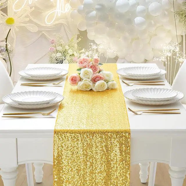 Alt view image 2 of 7 - RUDONG M Gold Sequin Table Runner, 12 x 108 Inch, 1 Pack | Rectangle Glitter, Dining Table Centerpiece, for Weddings & Banquet, Holiday & Birthday Party