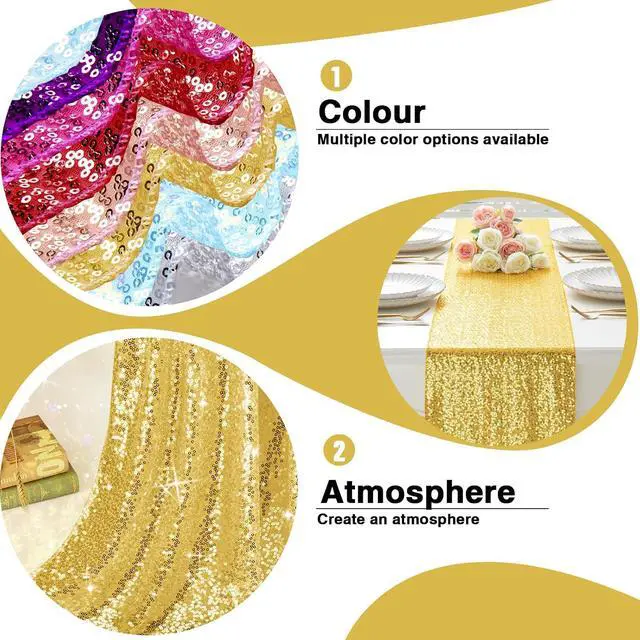 Alt view image 6 of 7 - RUDONG M Gold Sequin Table Runner, 12 x 108 Inch, 1 Pack | Rectangle Glitter, Dining Table Centerpiece, for Weddings & Banquet, Holiday & Birthday Party