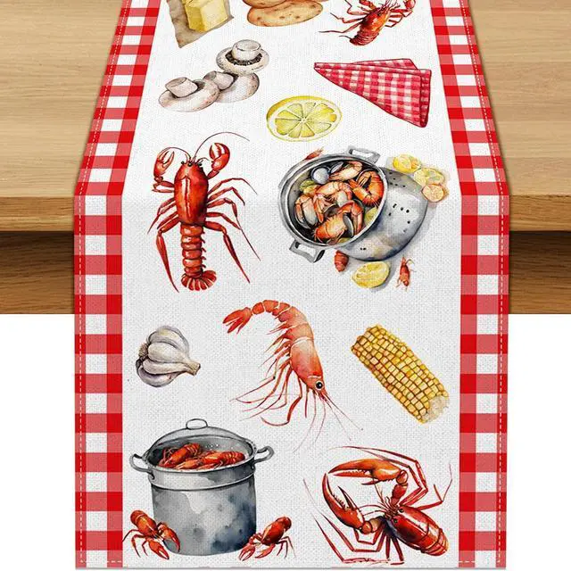 Main image of Crawfish Boil Table Runner Buffalo Check Lobster Crab Seafood Boil Themed Birthday Party Decoration Dining Room Home Kitchen Decor (13" x 72")