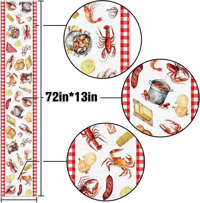 Alt view image 2 of 6 - Crawfish Boil Table Runner Buffalo Check Lobster Crab Seafood Boil Themed Birthday Party Decoration Dining Room Home Kitchen Decor (13" x 72")