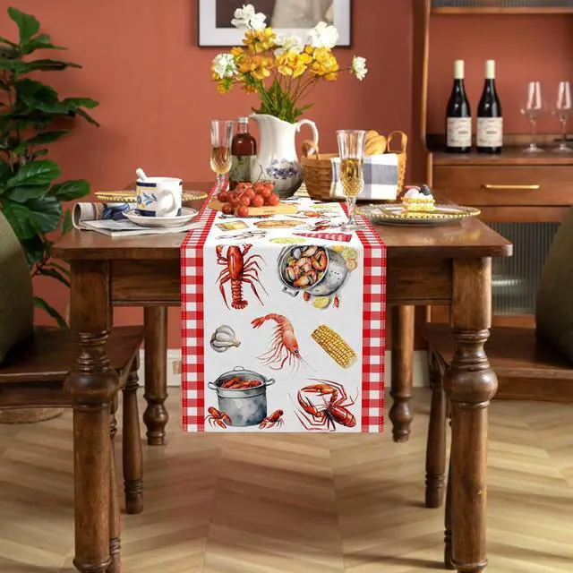 Alt view image 6 of 6 - Crawfish Boil Table Runner Buffalo Check Lobster Crab Seafood Boil Themed Birthday Party Decoration Dining Room Home Kitchen Decor (13" x 72")