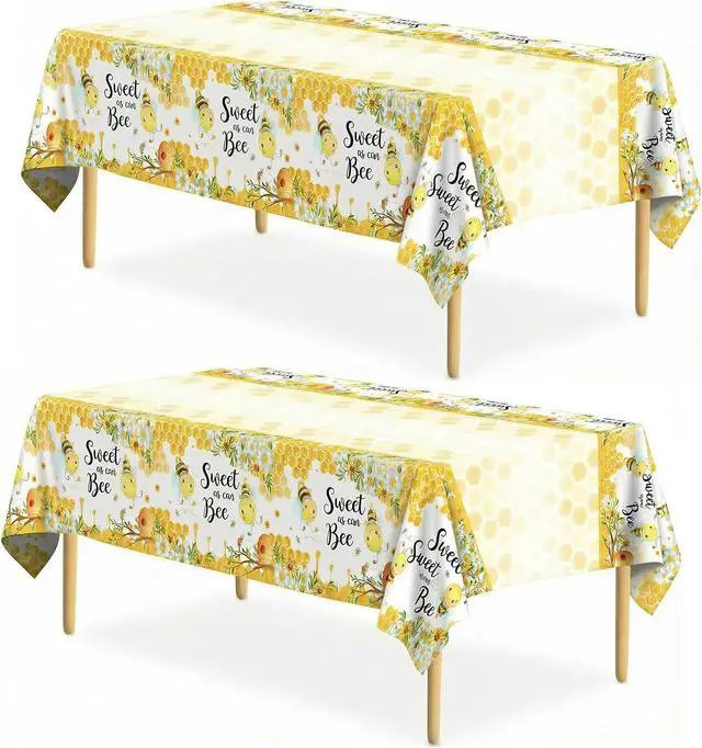 Main image of Bee Theme Party Tablecloth 2 Pack, 54 x 108 Inch Waterproof Tablecloth for Party Decor, Disposable Plastic Rectangular Table Cover for Parties and Celebrations, Table Cloth for Holiday Dinner