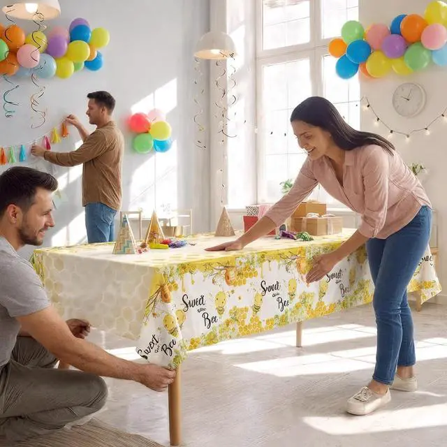 Alt view image 6 of 6 - Bee Theme Party Tablecloth 2 Pack, 54 x 108 Inch Waterproof Tablecloth for Party Decor, Disposable Plastic Rectangular Table Cover for Parties and Celebrations, Table Cloth for Holiday Dinner