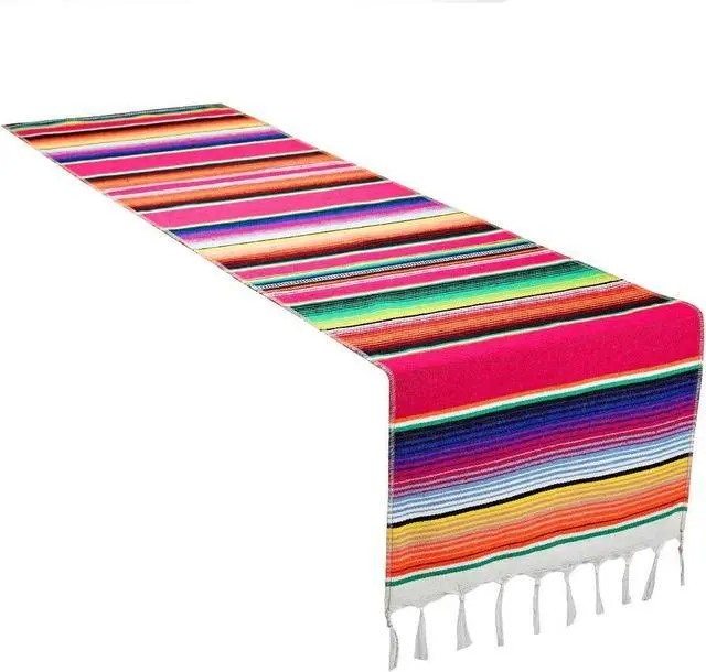 Main image of Mexican Table Runner Cotton Serape Table Runners for Mexican Theme Party Decoration Fiesta Cinco de Mayo Baby Shower Wedding (14x84/Rose Red, 1)