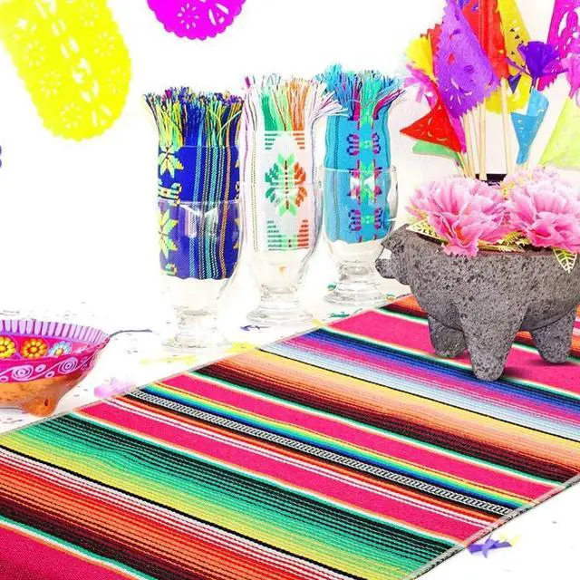 Alt view image 3 of 7 - Mexican Table Runner Cotton Serape Table Runners for Mexican Theme Party Decoration Fiesta Cinco de Mayo Baby Shower Wedding (14x84/Rose Red, 1)