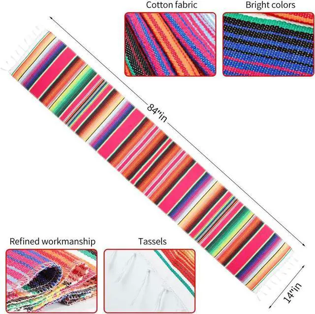 Alt view image 4 of 7 - Mexican Table Runner Cotton Serape Table Runners for Mexican Theme Party Decoration Fiesta Cinco de Mayo Baby Shower Wedding (14x84/Rose Red, 1)
