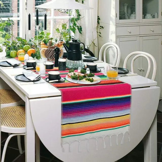 Alt view image 5 of 7 - Mexican Table Runner Cotton Serape Table Runners for Mexican Theme Party Decoration Fiesta Cinco de Mayo Baby Shower Wedding (14x84/Rose Red, 1)