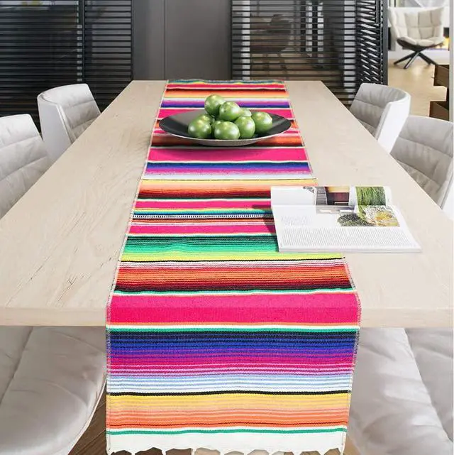 Alt view image 6 of 7 - Mexican Table Runner Cotton Serape Table Runners for Mexican Theme Party Decoration Fiesta Cinco de Mayo Baby Shower Wedding (14x84/Rose Red, 1)