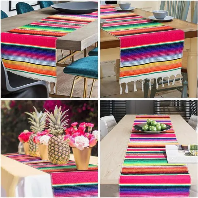 Alt view image 7 of 7 - Mexican Table Runner Cotton Serape Table Runners for Mexican Theme Party Decoration Fiesta Cinco de Mayo Baby Shower Wedding (14x84/Rose Red, 1)