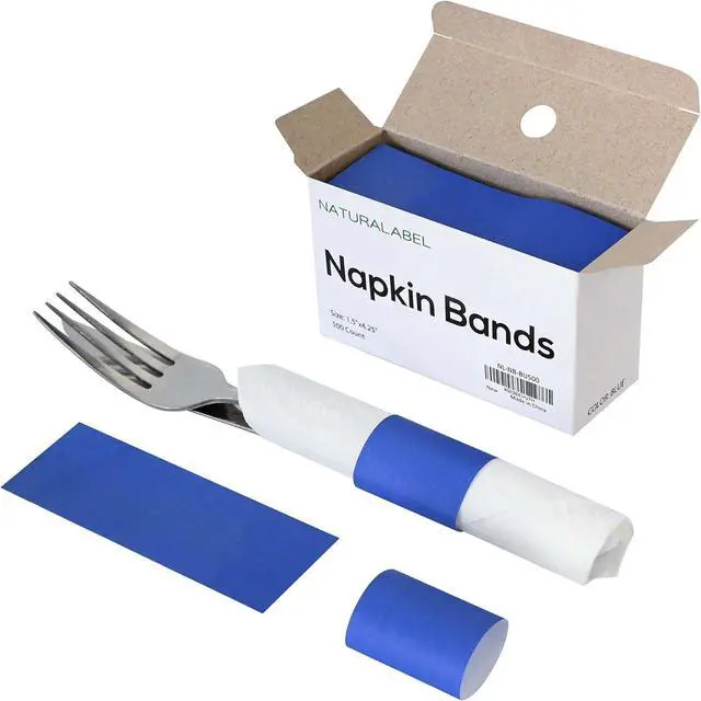 Main image of NATURALABEL Self-Adhesive Napkin Bands, Pack of 500, Blue | Wrap silverware & napkins, elegant table setting, for family, restaurant, party, wedding, celebration