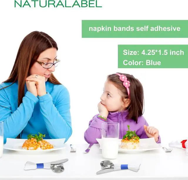 Alt view image 3 of 6 - NATURALABEL Self-Adhesive Napkin Bands, Pack of 500, Blue | Wrap silverware & napkins, elegant table setting, for family, restaurant, party, wedding, celebration