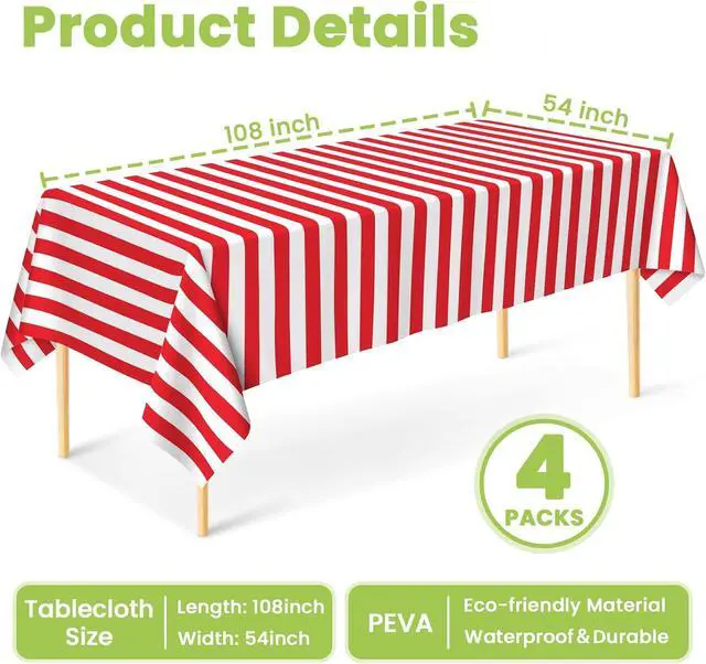 Alt view image 3 of 7 - Mulbozy Plastic Table Cloth Disposable 2 Pack, 54 × 108 Inch Red and White Stripe Tablecloths, Red Plastic Table Cover for Carnival, Movie Night, Birthday, Halloween, Christmas Party