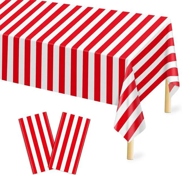 Main image of Mulbozy Plastic Table Cloth Disposable 2 Pack, 54 × 108 Inch Red and White Stripe Tablecloths, Red Plastic Table Cover for Carnival, Movie Night, Birthday, Halloween, Christmas Party