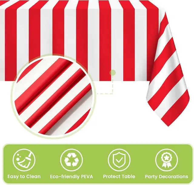 Alt view image 4 of 7 - Mulbozy Plastic Table Cloth Disposable 2 Pack, 54 × 108 Inch Red and White Stripe Tablecloths, Red Plastic Table Cover for Carnival, Movie Night, Birthday, Halloween, Christmas Party