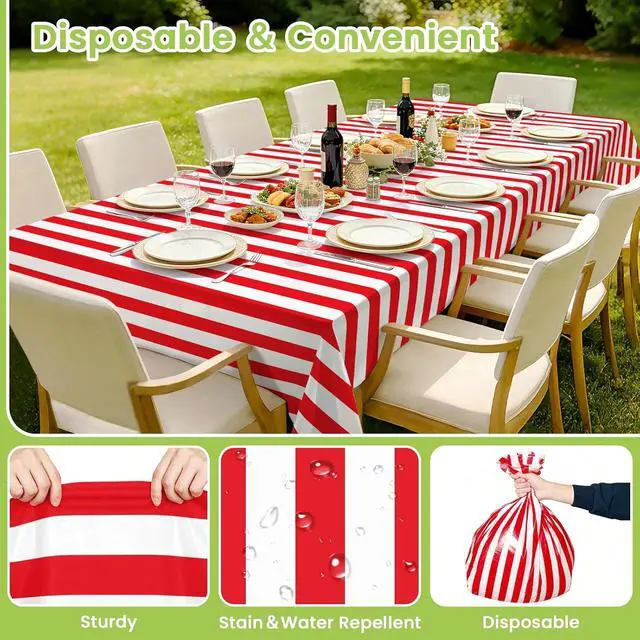 Alt view image 5 of 7 - Mulbozy Plastic Table Cloth Disposable 2 Pack, 54 × 108 Inch Red and White Stripe Tablecloths, Red Plastic Table Cover for Carnival, Movie Night, Birthday, Halloween, Christmas Party