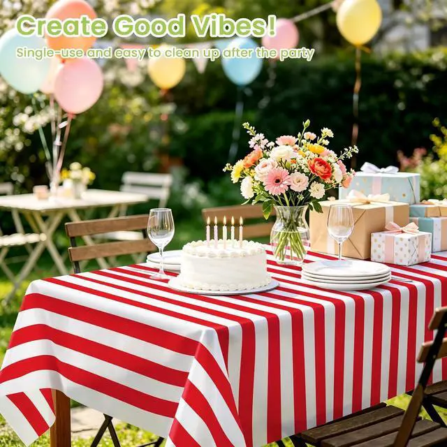 Alt view image 2 of 7 - Mulbozy Plastic Table Cloth Disposable 2 Pack, 54 × 108 Inch Red and White Stripe Tablecloths, Red Plastic Table Cover for Carnival, Movie Night, Birthday, Halloween, Christmas Party