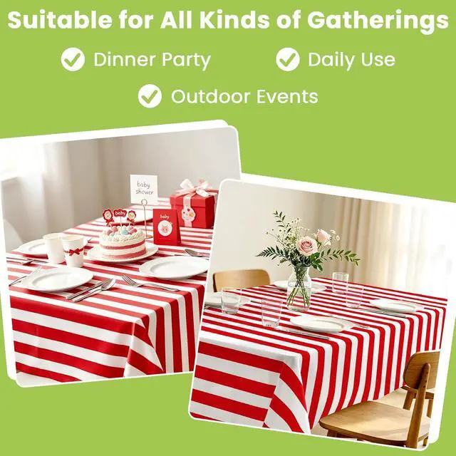 Alt view image 6 of 7 - Mulbozy Plastic Table Cloth Disposable 2 Pack, 54 × 108 Inch Red and White Stripe Tablecloths, Red Plastic Table Cover for Carnival, Movie Night, Birthday, Halloween, Christmas Party