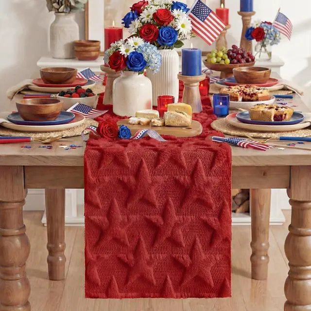 Alt view image 2 of 7 - Artoid Mode Red Soft Plush Faux Fur Jacquard Big Stars 4th of July Table Runner, Memorial Day Holiday Kitchen Dining Table Decoration for Home Party Decor 13x72 Inch