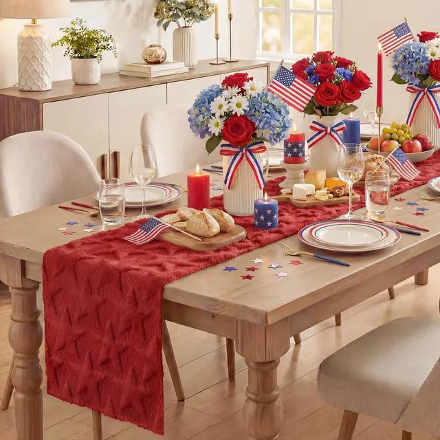Alt view image 3 of 7 - Artoid Mode Red Soft Plush Faux Fur Jacquard Big Stars 4th of July Table Runner, Memorial Day Holiday Kitchen Dining Table Decoration for Home Party Decor 13x72 Inch