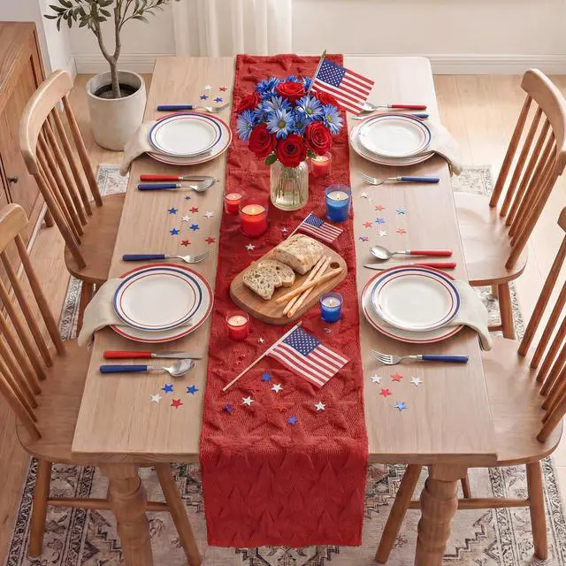 Alt view image 5 of 7 - Artoid Mode Red Soft Plush Faux Fur Jacquard Big Stars 4th of July Table Runner, Memorial Day Holiday Kitchen Dining Table Decoration for Home Party Decor 13x72 Inch
