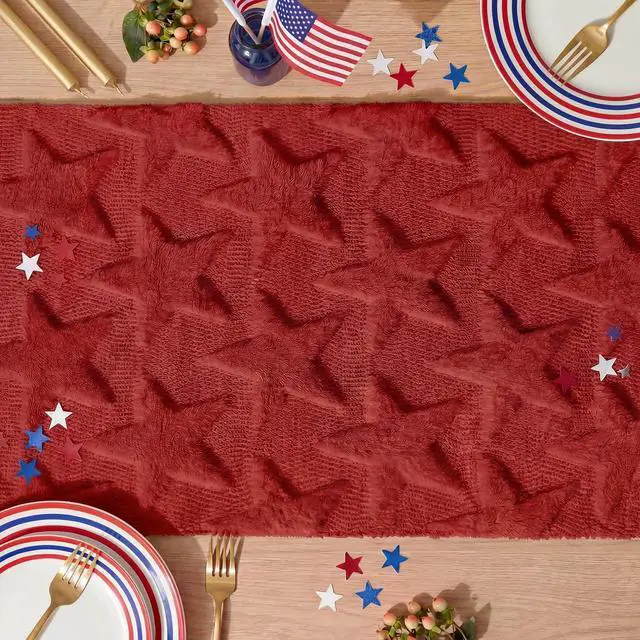 Alt view image 4 of 7 - Artoid Mode Red Soft Plush Faux Fur Jacquard Big Stars 4th of July Table Runner, Memorial Day Holiday Kitchen Dining Table Decoration for Home Party Decor 13x72 Inch