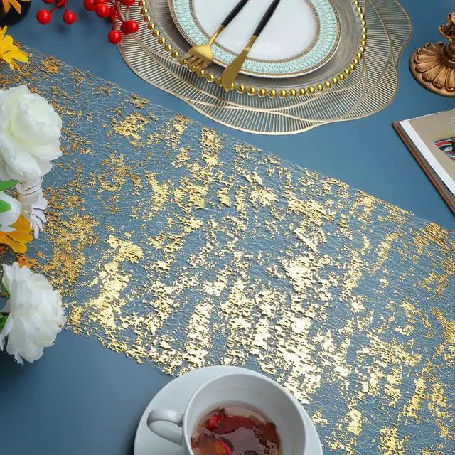 Alt view image 3 of 7 - Snowkingdom 2 Pieces Gold Table Runner, Sequin Glitter Foil Metallic Thin Mesh Runner Roll 11"x108", Gold Table Decorations for Event Party, Wedding, Birthday Party, Christmas