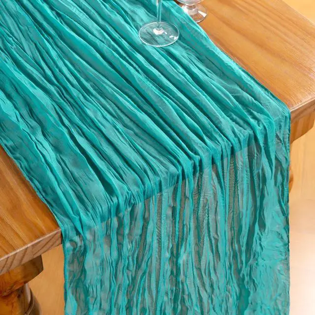 Alt view image 2 of 6 - DeZerlor Teal Green Cheesecloth Table Runner 1 Pack Summer Boho Runner | 120Inches Gauze Table Runner, Table Decor for Wedding Party Baby Shower Bridal Birthday Home Holiday Decorations