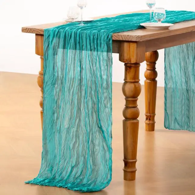 Alt view image 5 of 6 - DeZerlor Teal Green Cheesecloth Table Runner 1 Pack Summer Boho Runner | 120Inches Gauze Table Runner, Table Decor for Wedding Party Baby Shower Bridal Birthday Home Holiday Decorations