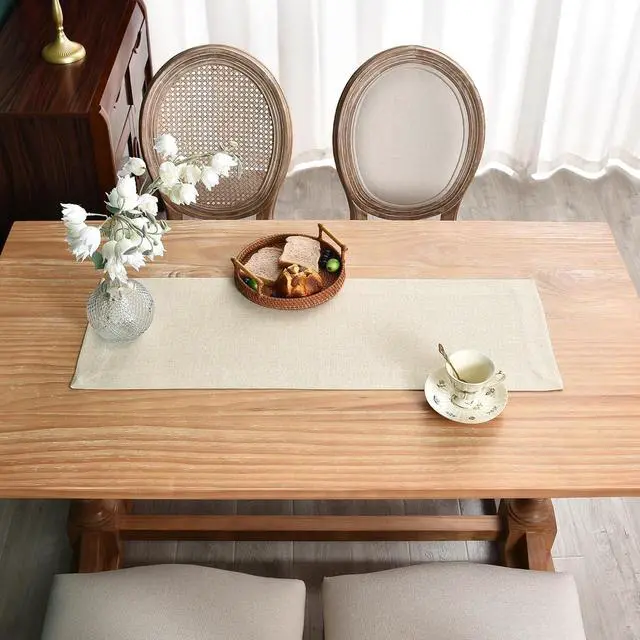 Alt view image 4 of 6 - NEWISHER Farmhouse Rustic Table Runner Solid Beige Rectangular Table Runners Faux Linen Table Runner for Everyday Use Kitchen Dining Party Table 13x36 Inch