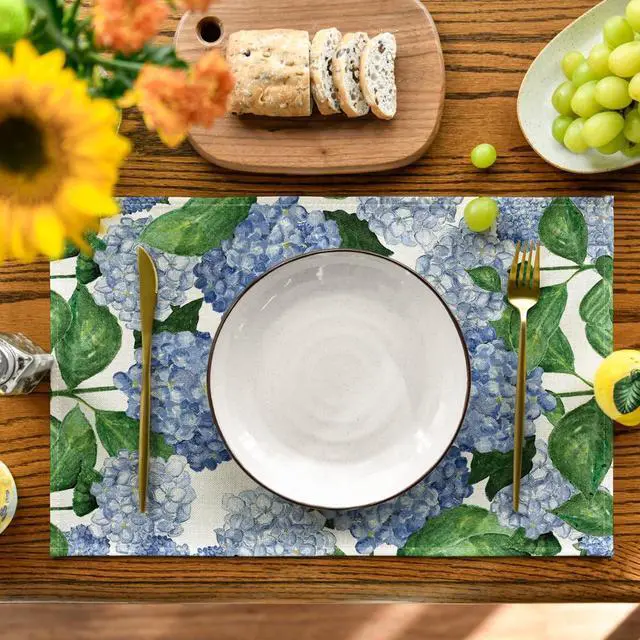 Alt view image 2 of 7 - Artoid Mode Watercolor Hydrangea Placemats for Dining Table, 12 x 18 Inch Spring Summer Seasonal Decoration Rustic Washable Table Mats Set of 4 Purple