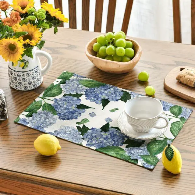 Alt view image 3 of 7 - Artoid Mode Watercolor Hydrangea Placemats for Dining Table, 12 x 18 Inch Spring Summer Seasonal Decoration Rustic Washable Table Mats Set of 4 Purple