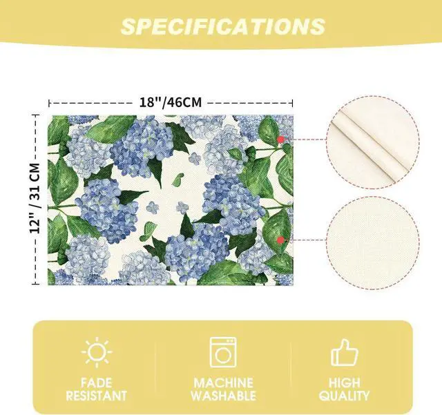 Alt view image 6 of 7 - Artoid Mode Watercolor Hydrangea Placemats for Dining Table, 12 x 18 Inch Spring Summer Seasonal Decoration Rustic Washable Table Mats Set of 4 Purple