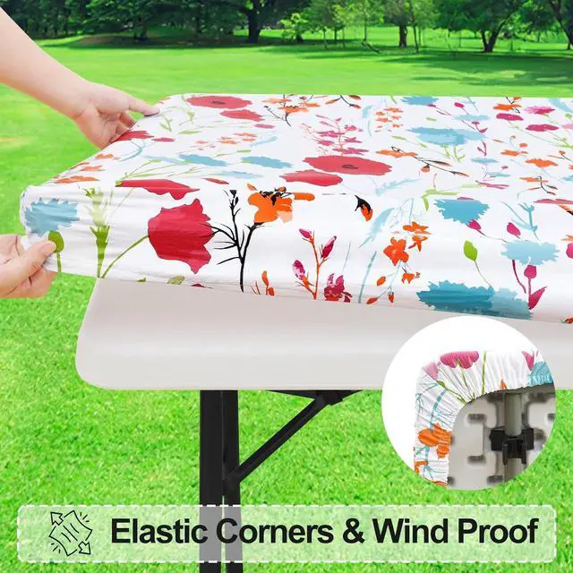 Alt view image 2 of 7 - misaya Rectangle Vinyl Tablecloth, Fitted Table Cover, 100% Waterproof, Elastic Edge, Flannel Backing, Plastic Table Cloth Fit 6 Foot Folding Tables for Picnic, Camping, Outdoor (Flowers, 30x72 inch)