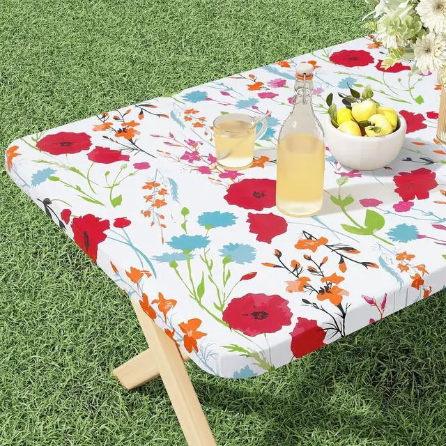 Main image of misaya Rectangle Vinyl Tablecloth, Fitted Table Cover, 100% Waterproof, Elastic Edge, Flannel Backing, Plastic Table Cloth Fit 6 Foot Folding Tables for Picnic, Camping, Outdoor (Flowers, 30x72 inch)