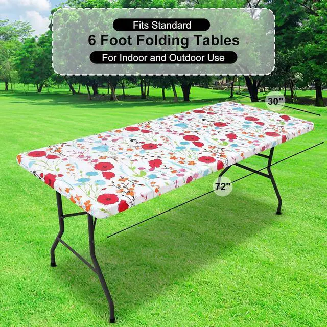 Alt view image 7 of 7 - misaya Rectangle Vinyl Tablecloth, Fitted Table Cover, 100% Waterproof, Elastic Edge, Flannel Backing, Plastic Table Cloth Fit 6 Foot Folding Tables for Picnic, Camping, Outdoor (Flowers, 30x72 inch)