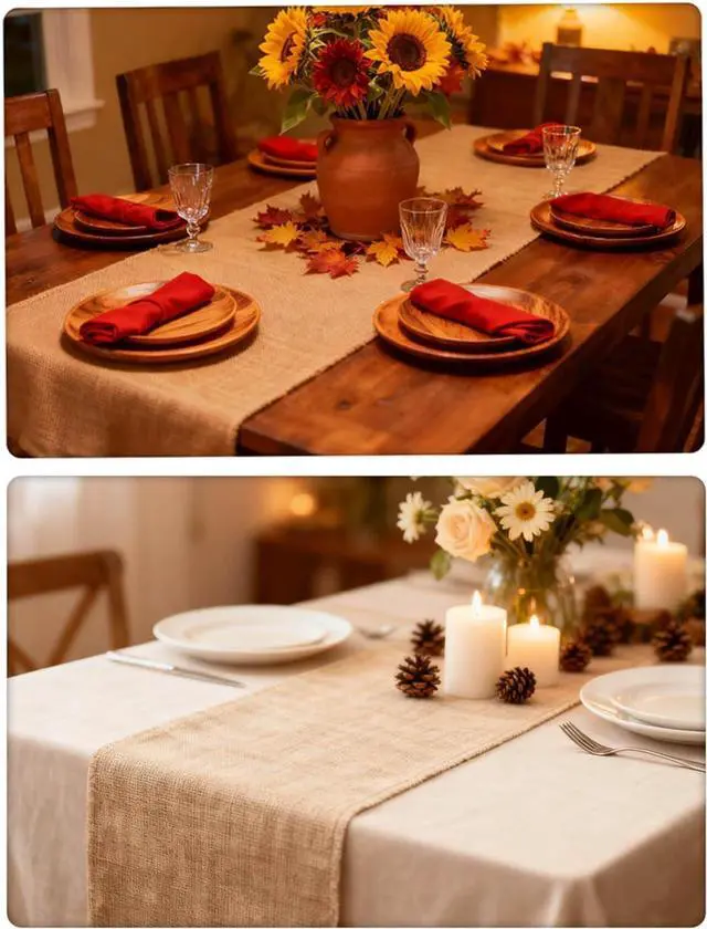 Alt view image 6 of 6 - 12×108 Inch Natural Burlap Table Runner, No-Fray Rustic Jute Hessian | Rustic Farmhouse Decor for Wedding Banquets, Parties & DIY Crafts, Natural Jute Tabletop Fabric