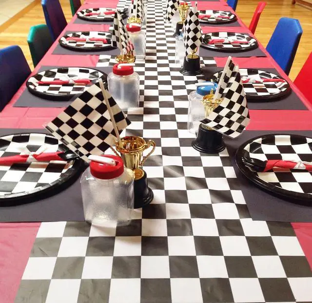 Alt view image 3 of 7 - Mwellewm 6 Pcs Checkered Table Runner 14x108 Inch Plastic Racetrack Road Race Car Table Cloth Disposable Black and White Tablecloth for Two Fast Racing Theme Birthday Party Decorations Events Supplies