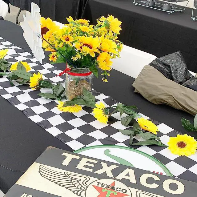 Alt view image 4 of 7 - Mwellewm 6 Pcs Checkered Table Runner 14x108 Inch Plastic Racetrack Road Race Car Table Cloth Disposable Black and White Tablecloth for Two Fast Racing Theme Birthday Party Decorations Events Supplies