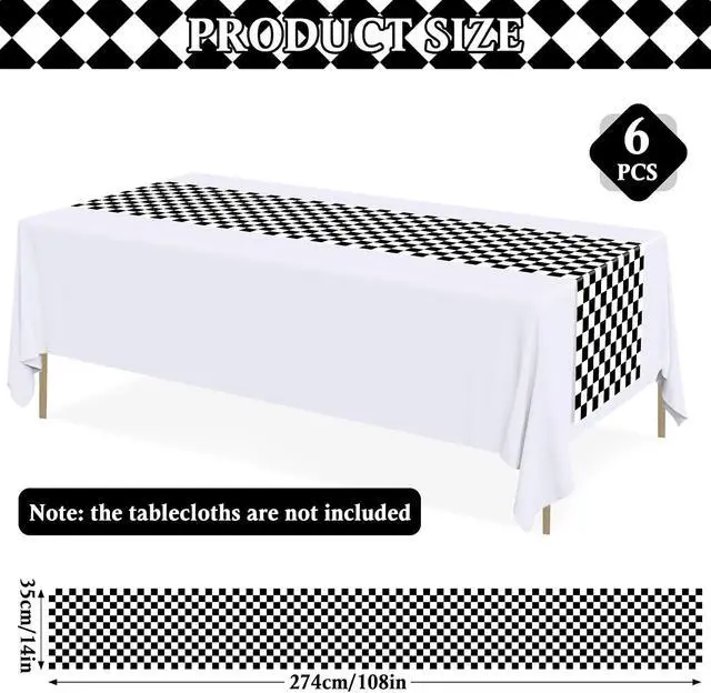 Alt view image 5 of 7 - Mwellewm 6 Pcs Checkered Table Runner 14x108 Inch Plastic Racetrack Road Race Car Table Cloth Disposable Black and White Tablecloth for Two Fast Racing Theme Birthday Party Decorations Events Supplies