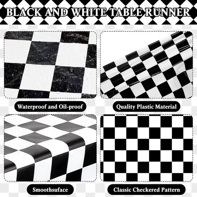 Alt view image 6 of 7 - Mwellewm 6 Pcs Checkered Table Runner 14x108 Inch Plastic Racetrack Road Race Car Table Cloth Disposable Black and White Tablecloth for Two Fast Racing Theme Birthday Party Decorations Events Supplies