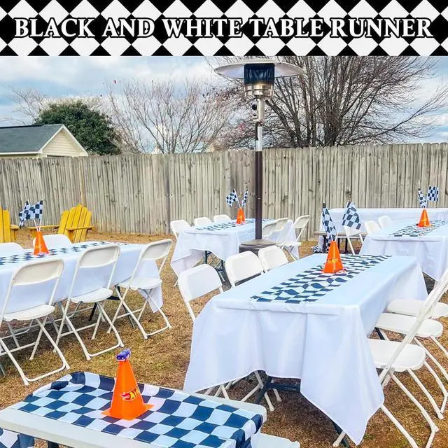 Alt view image 7 of 7 - Mwellewm 6 Pcs Checkered Table Runner 14x108 Inch Plastic Racetrack Road Race Car Table Cloth Disposable Black and White Tablecloth for Two Fast Racing Theme Birthday Party Decorations Events Supplies
