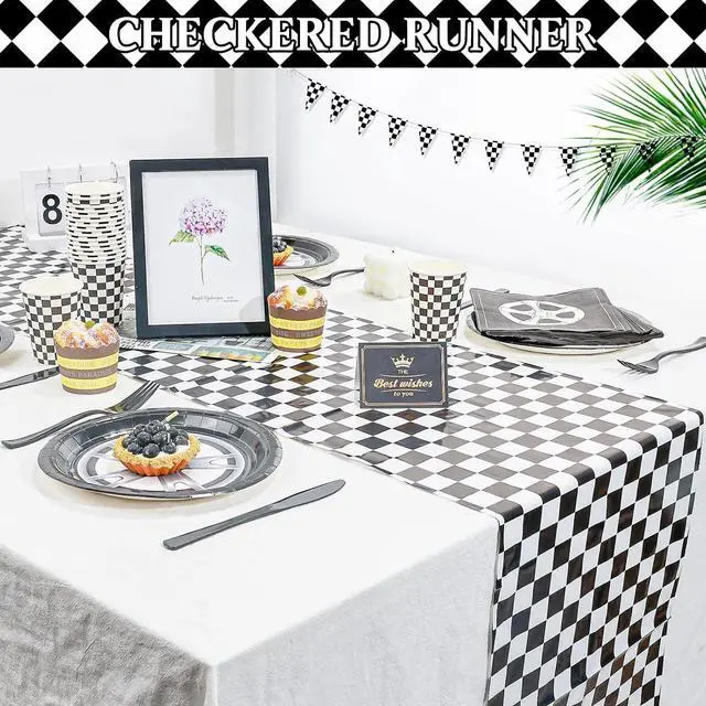 Alt view image 2 of 7 - Mwellewm 6 Pcs Checkered Table Runner 14x108 Inch Plastic Racetrack Road Race Car Table Cloth Disposable Black and White Tablecloth for Two Fast Racing Theme Birthday Party Decorations Events Supplies