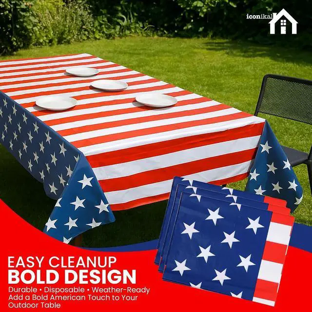 Alt view image 3 of 7 - Iconikal 3 Pack Plastic American Flag Tablecloth Table Cover 54 x 108-Inch | Plastic, Disposable